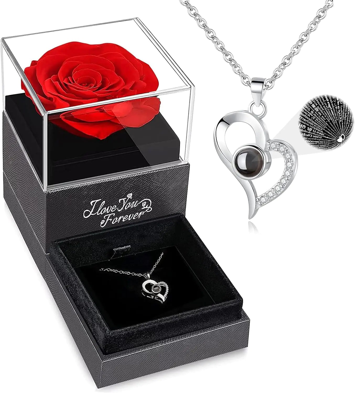 WildLove Preserved Real Rose with I Love You Necklace