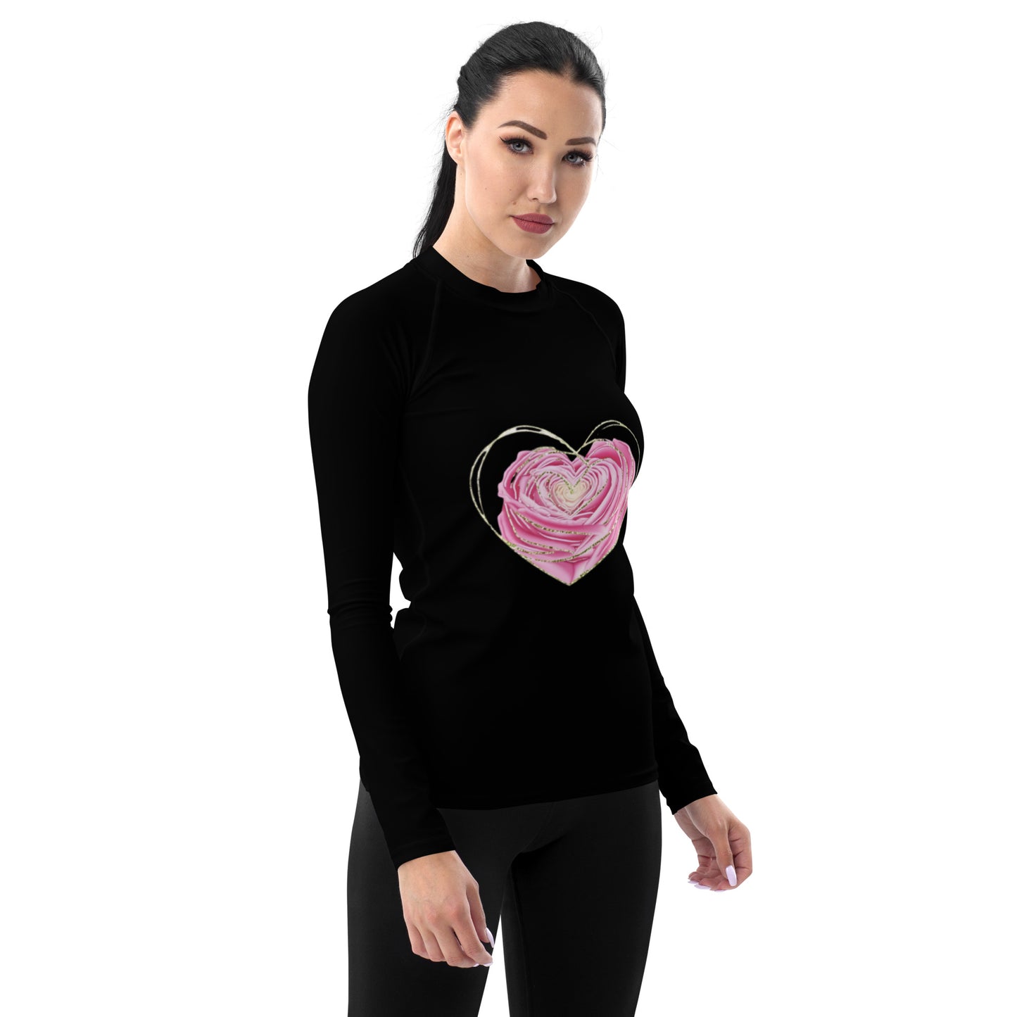 Swimwear - Black Women's Rash Guard with Rose Detail
