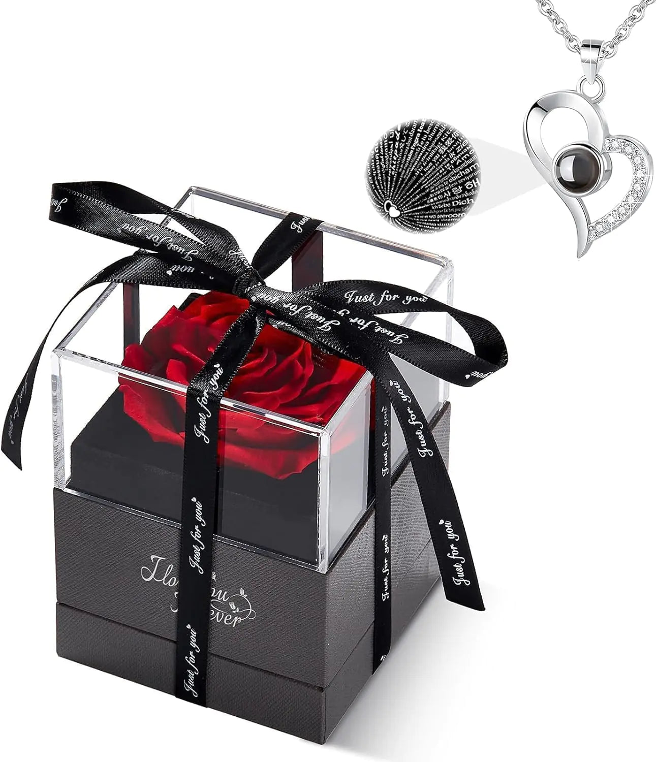 WildLove Preserved Real Rose with I Love You Necklace