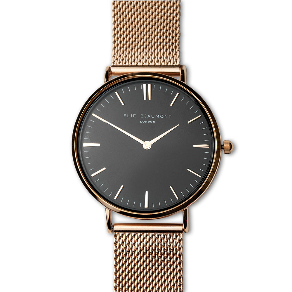 Personalised Ladies Watch Rose Gold Mesh - black dial