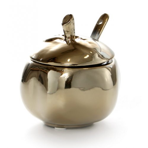 Rosh Hashanah Honey Dish with Cover and Spoon - Gold