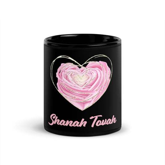 Shanah Tovah Rose Heart Black Glossy Mug