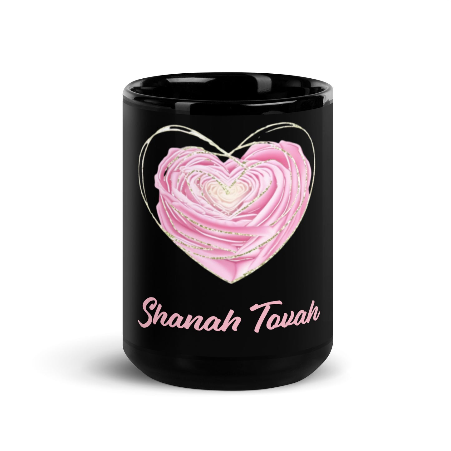 Shanah Tovah Rose Heart Black Glossy Mug