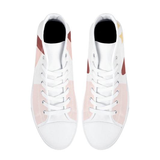 High-Top Canvas Shoes - White & Pink Geometric Design