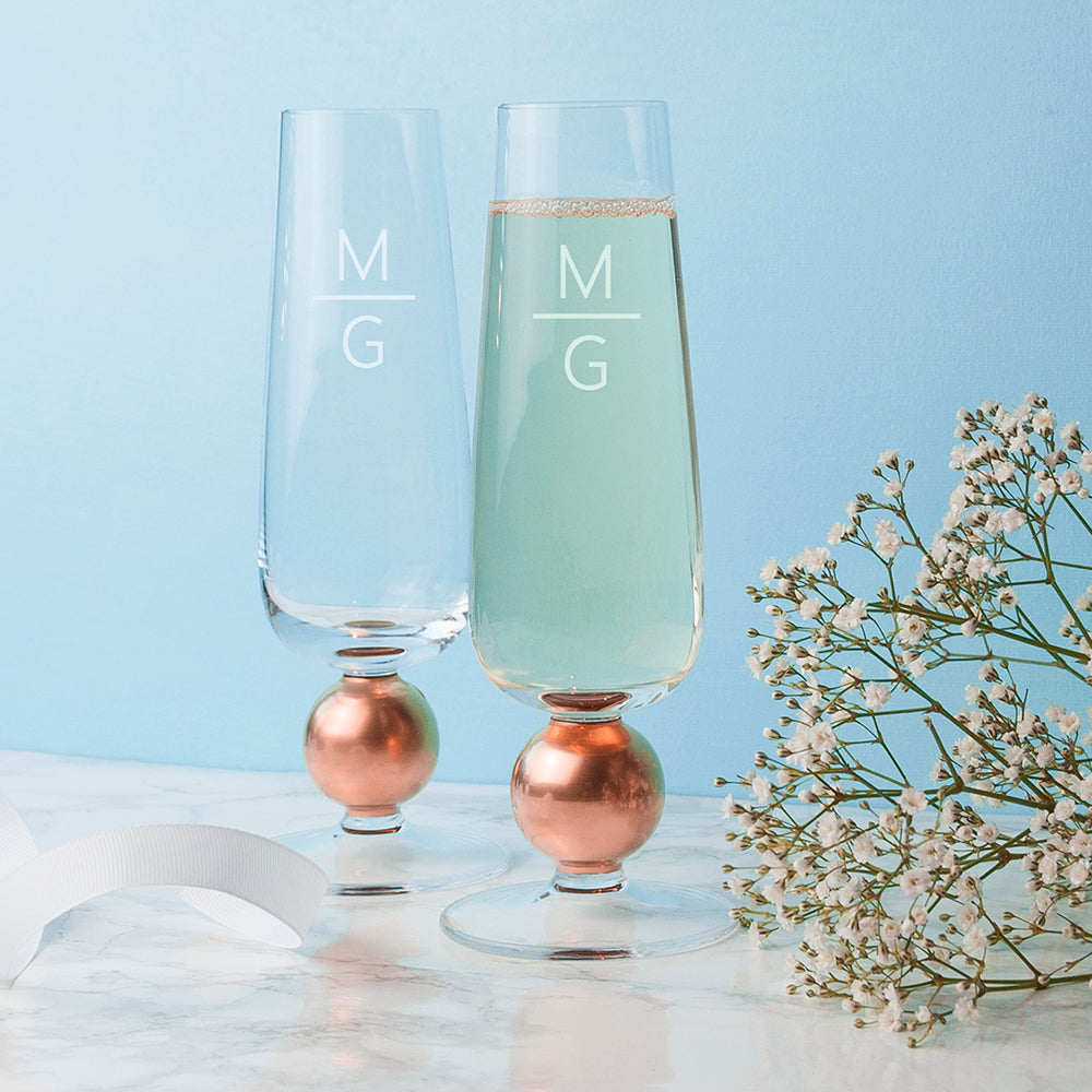 Monogrammed Set Of Two Rose Gold Champagne Glasses