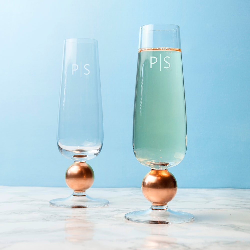 Monogrammed Set Two Rose Gold Champagne Glasses