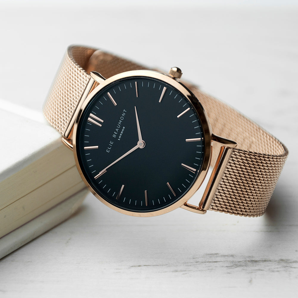 Personalised Watch Rose Gold Mesh black dial