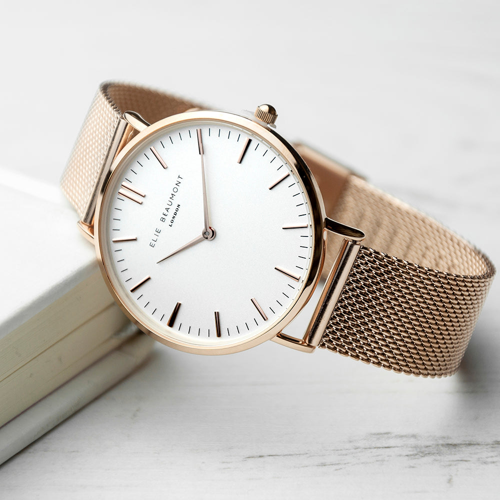 Personalised Watch Rose Gold Mesh white dial