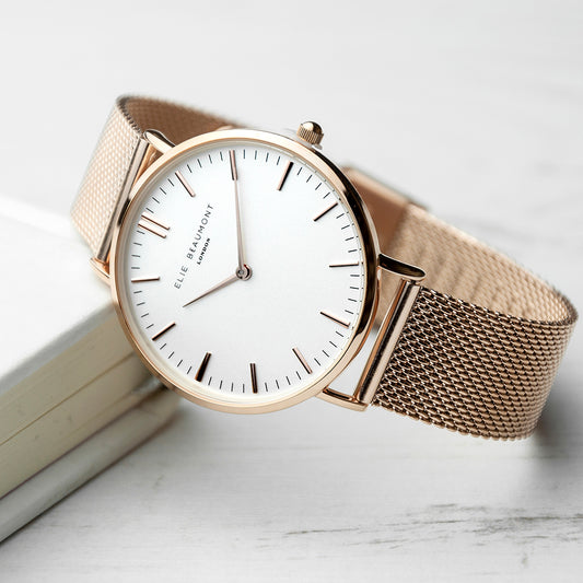 Personalised Ladies Watch Rose Gold Mesh - white dial