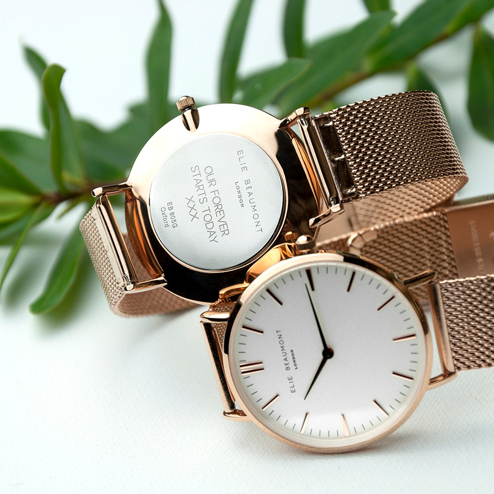 Personalised Ladies Watch Rose Gold Mesh - white dial