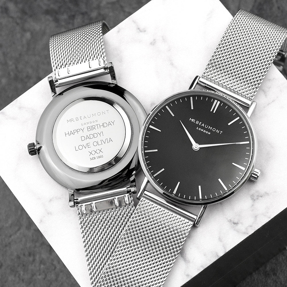 Personalised Men's Metallic Silver Watch With Black Dial