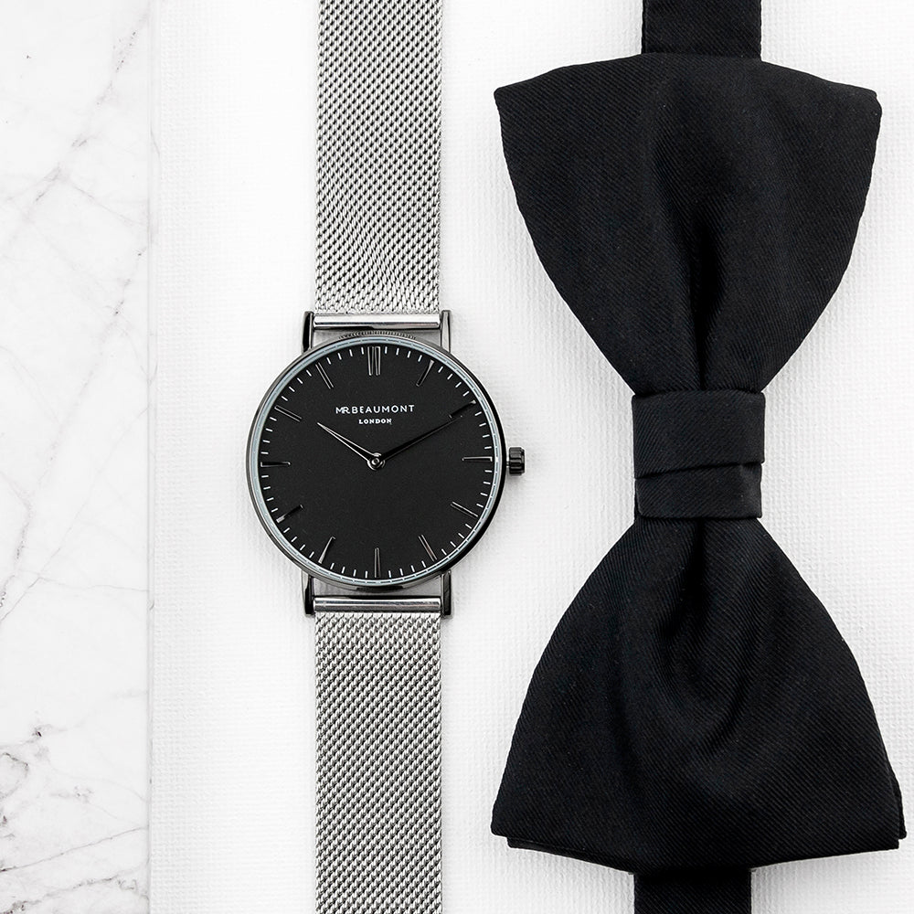 Personalised Men's Metallic Silver Watch With Black Dial