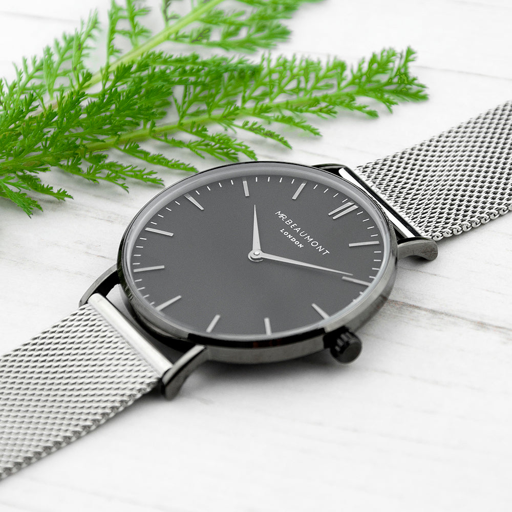 Personalised Men's Metallic Silver Watch With Black Dial