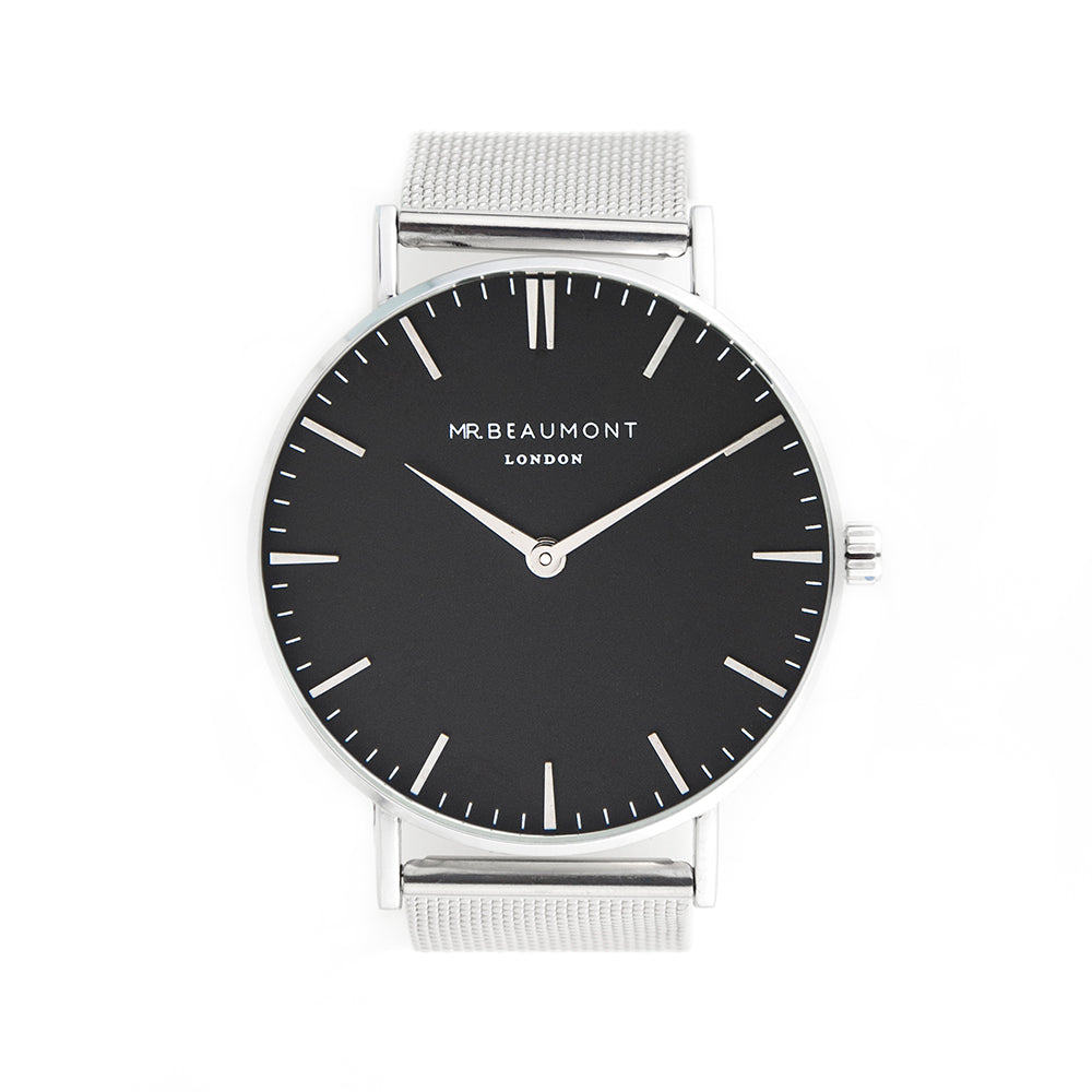 Personalised Men's Metallic Silver Watch With Black Dial