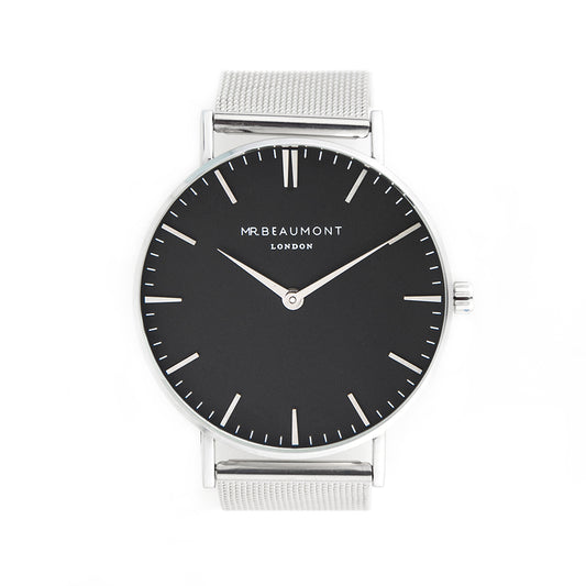 Personalised Men's Metallic Silver Watch With Black Dial
