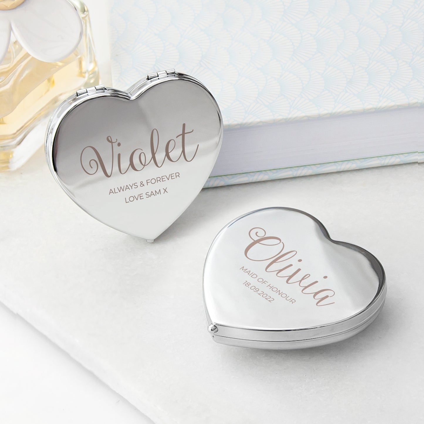 Personalised Heart Silver Compact Mirror