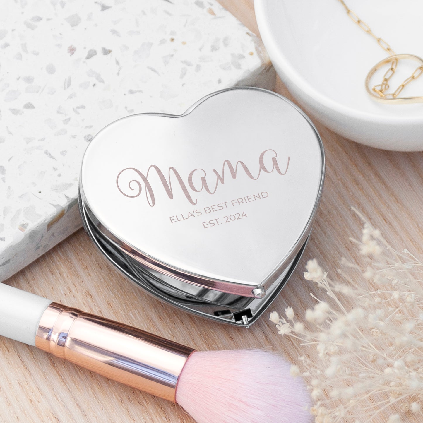 Personalised Heart Silver Compact Mirror