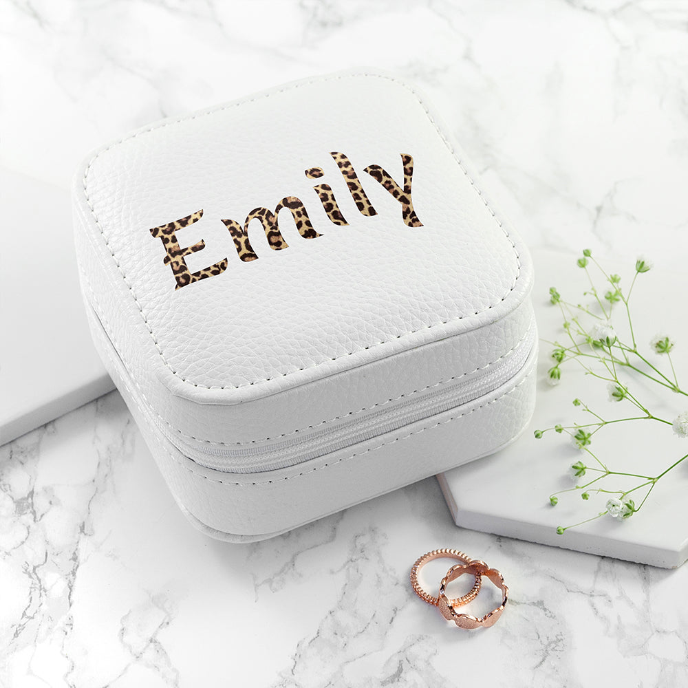 Personalised Animal Print White Travel Jewellery Case