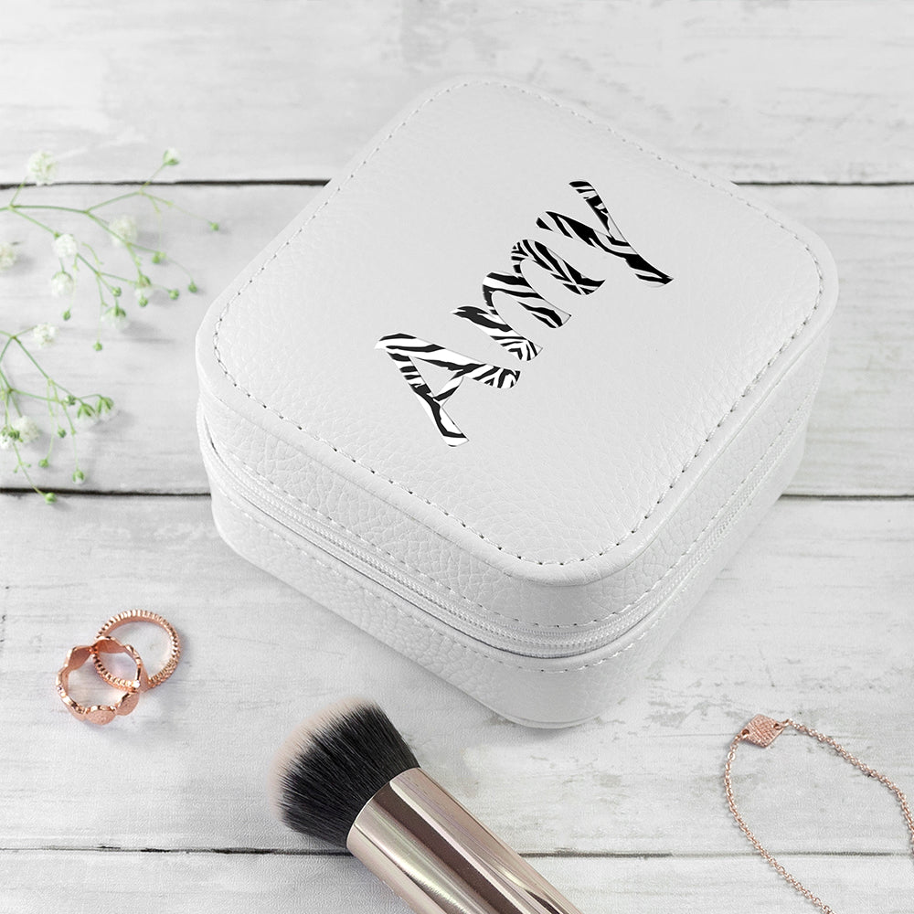 Personalised Animal Print White Travel Jewellery Case