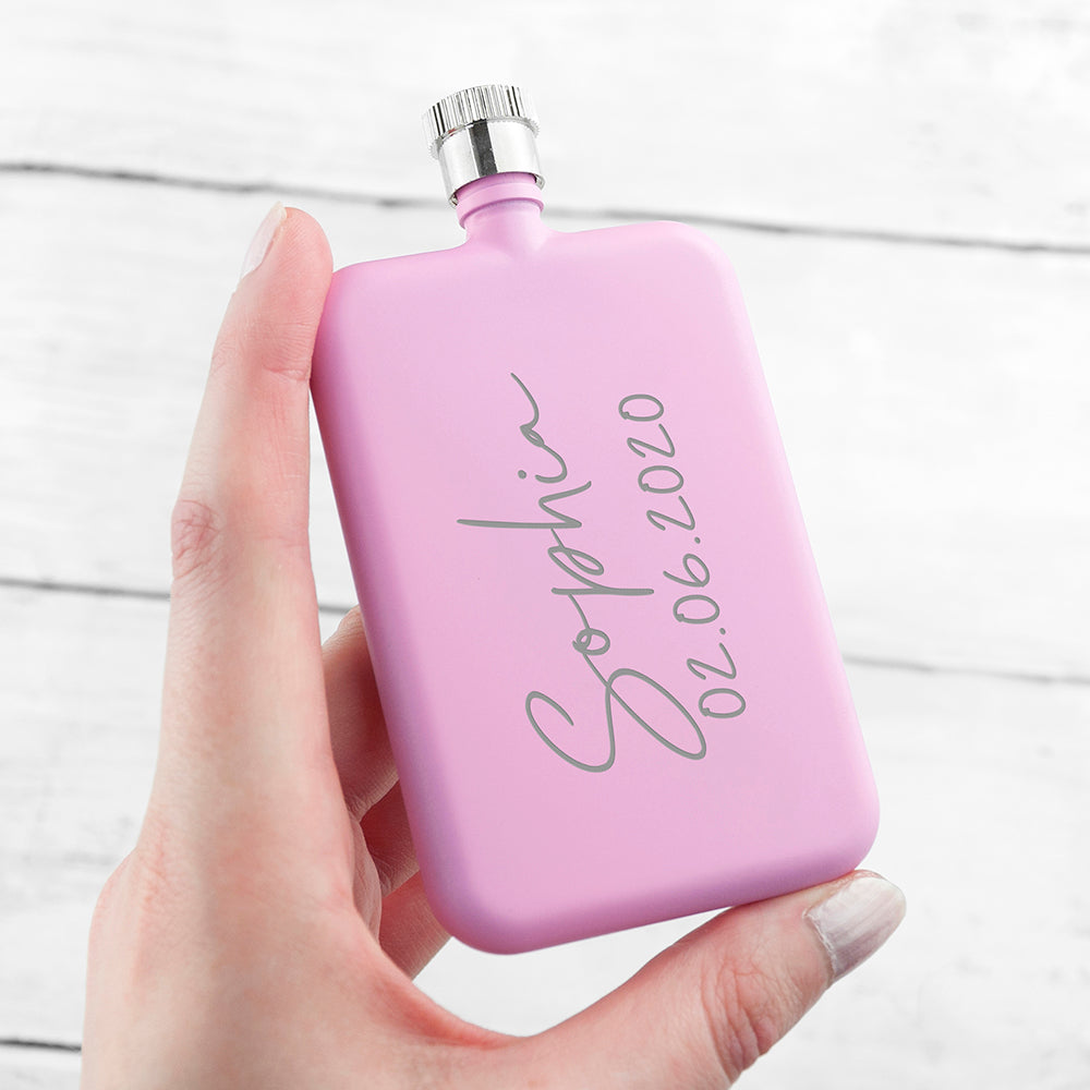 Personalised Handwriting Pink Slimline Flask