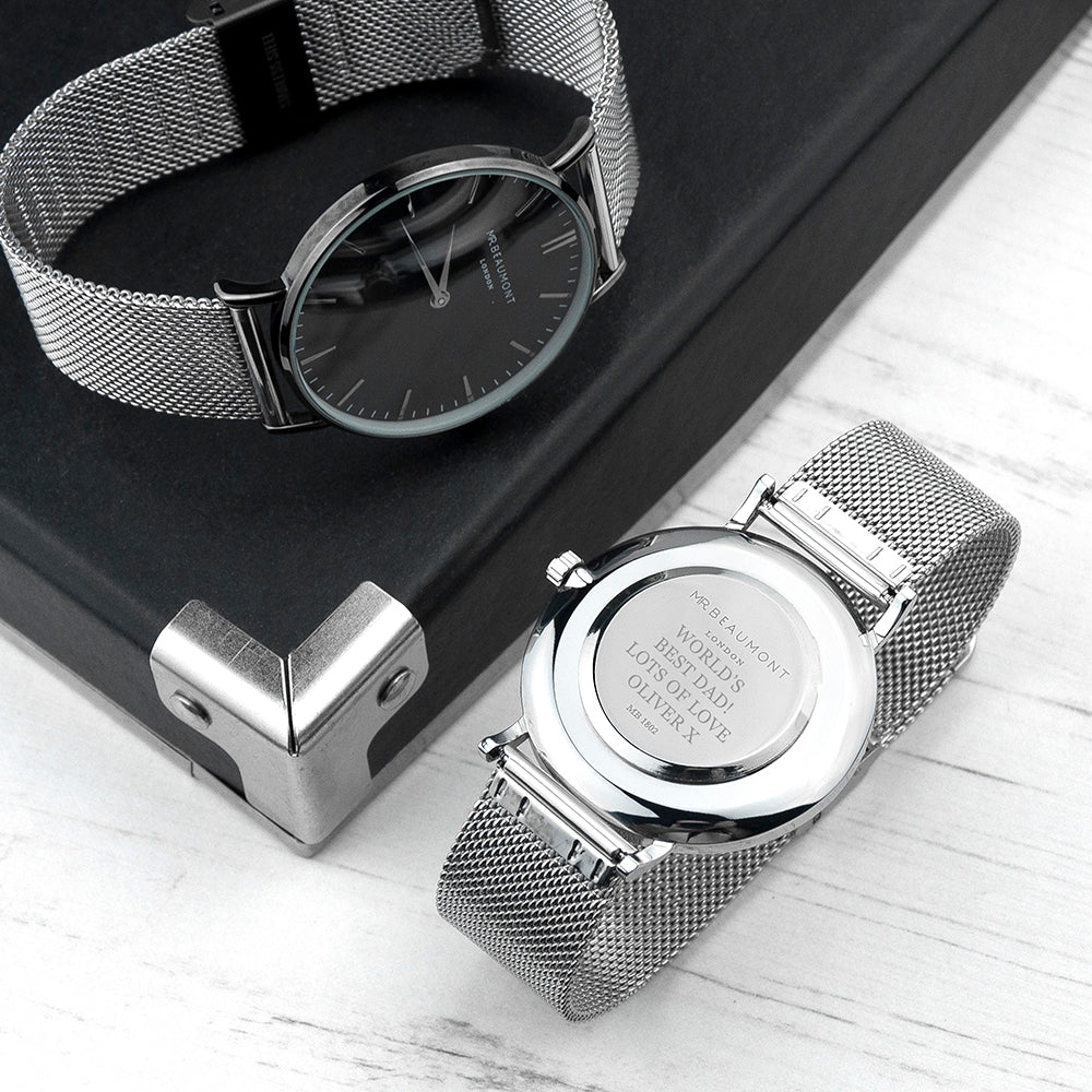 Personalised Men's Metallic Silver Watch With Black Dial